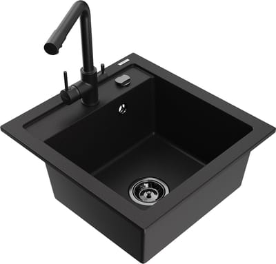 Mexen Vito granieten gootsteen 1-komor met keukenmengkraan Duero, zwart - 6503-77-671600-70-B