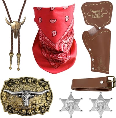 7-delig Cowboy Fancy Dress Accessoire Set voor Carnavalskostuum - Bandana, Holster, Riem, Bologesp, Stropdas, Sheriff Badge voor Cosplay en Feestjes