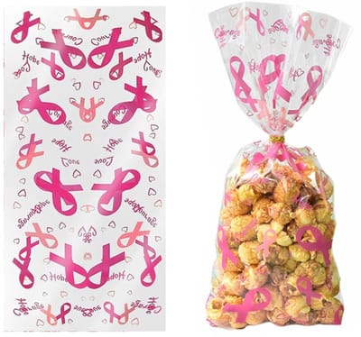 50x Uitdeelzakjes Pink Ribbon - 12.5x27.5cm - Traktatie Zakjes Voor Uitdeelcadeautjes - Uitdeelzakjes Feestje - Verjaardag - Feestje - Pink Ribbon Print - 12.5 x 27.5 cm - 50 Stuks
