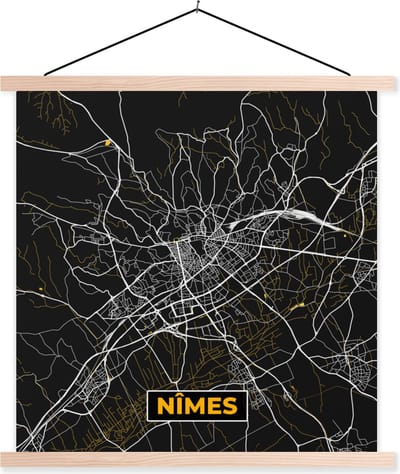 Posterhanger incl. Poster 40x40 cm - Schoolplaat - Frankrijk – Nîmes – Stadskaart – Plattegrond – Kaart - Textielposter - Blanke latten - Stadskaart