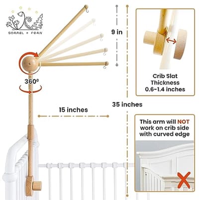 Houten babywieg met mobiele arm, 3D en 360° verstelbaar, 100% natuurlijk beukenhout, sterke antislipbevestiging