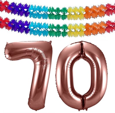 Folat Verjaardag Leeftijd folieballon - 70 jaar - rosé goud - 86 cm - cijferballon groot - incl 2x feestslingers