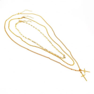 Ketting Set 3-Delige Dames - RVS Verguld - Kabelketting - Kogelketting - Gourmet Schakelketting met Twee Kruisen
