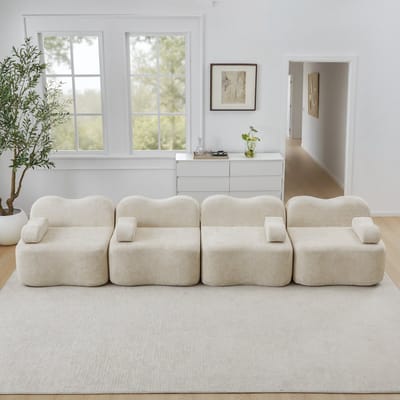 Modulaire hoekbank met 4 zitplaatsen – met 32D-schuim met hoge dichtheid – golvend ontwerp – diepe zitting – afneembare armleuningkussens – geschikt voor de woonkamer – beige