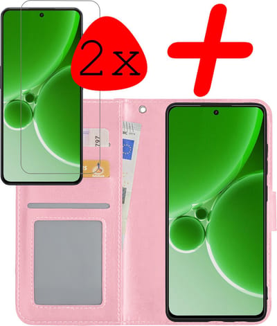 Hoesje Met 2x Screenprotector - Geschikt voor OnePlus Nord 3 - Luxe Pasjeshouder - Bookcase Portemonee - Flip Case - Kunstleer Book Case - Flipcase Hoes - Book Cover - Walletcase - Portemonneehoes - Lichtroze