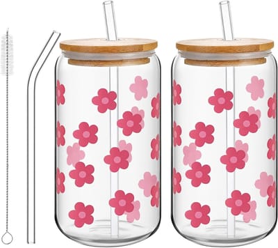 Set van 2 Matcha glazen met deksel en rietje, 473 ml, ideaal voor Bubble Tea, ijskoffie en cocktails, roze drinkglazen voor een stijlvolle presentatie
