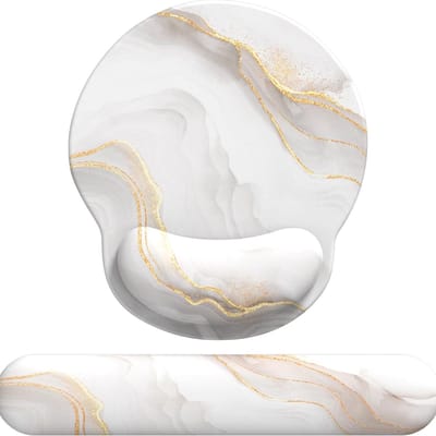 Muismat met polssteun en polssteun Toetsenbord, ergonomische muismat met gelpad en handsteun van traagschuim, toetsenbord met antislip PU-basis (set van wit marmer)