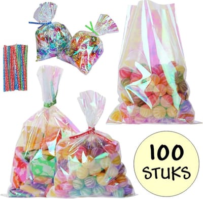 100x Iriserende Cellofaan Zakjes 8x13 cm - 100 Stuks Holografische Zakjes Met Twistbandjes - Uitdeelzakjes - Iriserend Transparant - Snoepzakjes - Cadeauzakjes - 8x13 cm - 100 Stuks