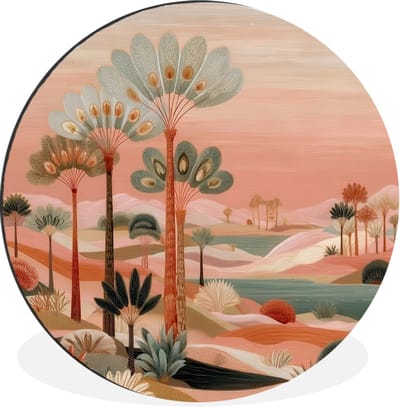 WallCircle - Wandcirkel - Muurcirkel - Roze landschap - Palmen - Water - Aluminium - Dibond - 30x30 cm - Binnen en Buiten