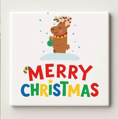 Merry Christmas Keramische Tegel met Schattig Rendier – Kleurrijke Feestelijke Kerst Wanddecoratie – 15 x 15 cm