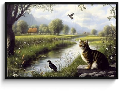 Poster in lijst - Fotolijst 120x80 cm - Posters - Kat - Beekje - Weide - Posterlijst zwart - Decoratie - Wanddecoratie woonkamer - Muurdecoratie slaapkamer