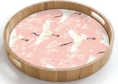 Dienblad rond 40x40 cm - Schootdienblad hout - Kraanvogels - Bloesem - Roze - Borrelplank rechthoek - Plateau houten dienbladen