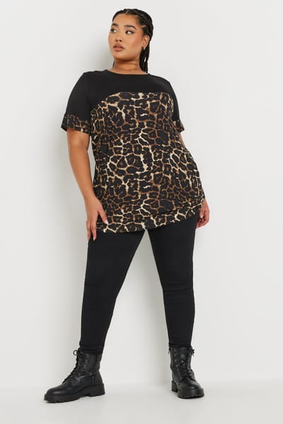 Yours Top Met Contrast En Luipaardprint In Zwart/Bruin Size 44