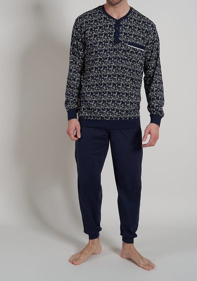 Gotzburg heren pyjama O-hals met knoopjes - middenblauw dessin