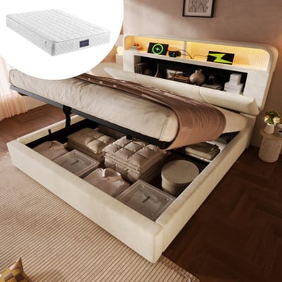 Gutent-Gestoffeerd tweepersoonsbed 140x200 cm-met in hoogte verstelbaar opberghoofdeinde-beige-met matras