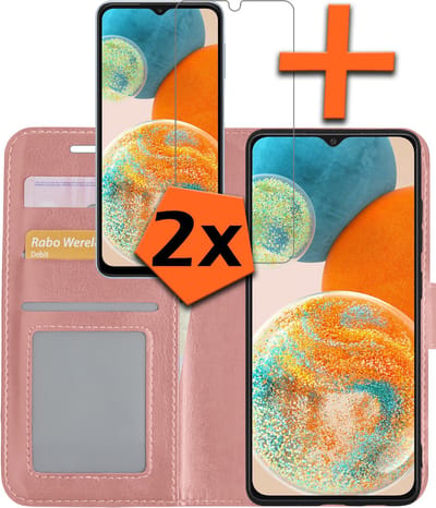 Hoes - Met 2x Screenprotector - Geschikt voor Samsung Galaxy A23 - Luxe Pasjeshouder - Bookcase Portemonee - Flip Case - Kunstleer Book Case - Flipcase Hoes - Book Cover - Walletcase - PortemonneeHoes - Rosé goud