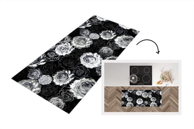 Keukenloper - Loper keuken - Rozen - Zwart Wit - Patronen - 120x50 cm - Keukenloper vinyl