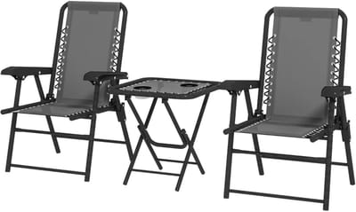 Bistroset - Tuinmeubel 3-delig - Opklapbare Tuinset - Balkonset voor 2 Personen - Stalen Tuinmeubelset met 2 Stoelen + Tafel + Bekerhouders - Weerbestendig - Zitgroep - Meubel - Loungeset - Meubelsets - voor Tuin, Balkon, Terras - Donkergrijs