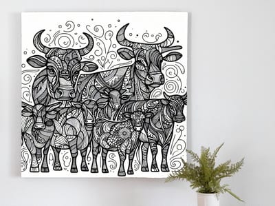 Line art koeien schilderij | Stieren van de Lijn: Een kunstige uitbeelding van koeien | Kunst - 40x40 centimeter op Dibond | Foto op Dibond