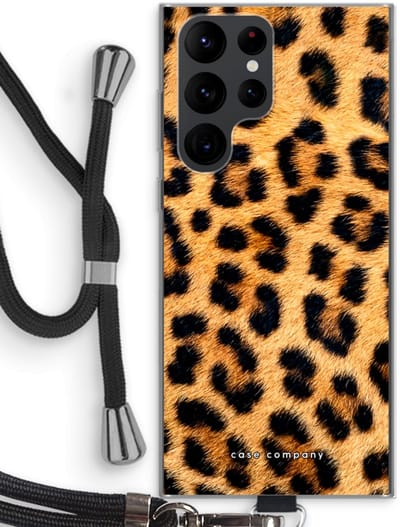 Case Company® - Hoesje met koord geschikt voor Samsung Galaxy S22 Ultra hoesje met Koord - Luipaard - Telefoonhoesje met Zwart Koord - Bescherming aan alle Kanten en Over de Schermrand