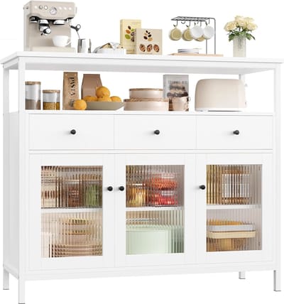 Keukenkast Sideboard - Buffetkast Ladekast - Opbergen Keuken - Uniek Glasdeur Ontwerp - 108 x 38 x 98.5 cm - Wit