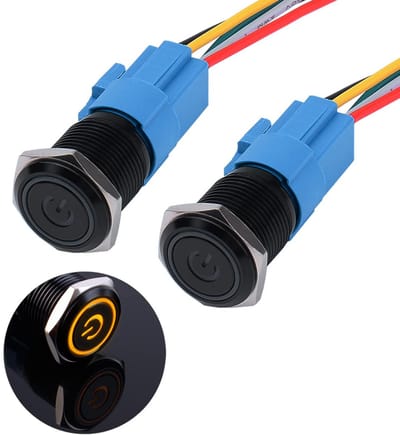 2x 16mm Waterdichte Metalen Drukknop met 12-24V Gele LED, 1NO/1NC Aan/Uit Schakelaar