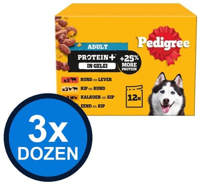 3x Pedigree - Pouch Adult Gelei Protein+ Multipack (12x85g) - Hondenvoer Natvoer - 1.02 kg