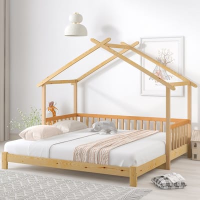 Huisbed Uitschuifbaar 90x200 tot 180x200 - Kinderbed met Dak en Veiligheidshek - Massief Grenenhout Meegroeibed