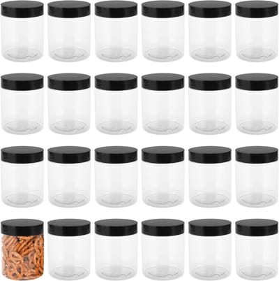24 Stuks 250ml Plastic Potjes met Zwarte Deksel, Ronde Doorzichtige Potjes voor Voedselopslag, Specerijen en Snoep