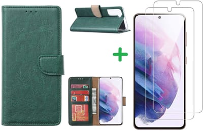 Hoesje Geschikt Voor Samsung Galaxy S21 hoesje bookcase Groen - Hoesje Geschikt Voor Samsung Galaxy s21 hoesje bookcase wallet case portemonnee book case hoes cover hoesjes met 2 stuks Screenprotector