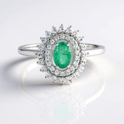 Cavill - Elegante Damesring 925 Sterling Zilver Platina Verguld - Colombiaanse 0,352 ct Ovale Smaragd & 38 Cambodjaanse Zirkonia 0,592 ct