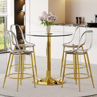 MODENUIT Barset 89 cm - Glazen Tafel Met 4 Transparante Barkrukken - Voor Keuken En Bar - Glas - Goud Transparant