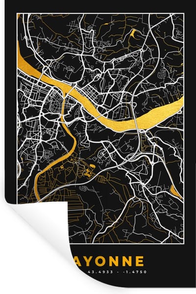 Muurstickers - Sticker Folie - Bayonne – Plattegrond – Frankrijk – Kaart – Stadskaart - 20x30 cm - Plakfolie - Muurstickers Kinderkamer - Zelfklevend Behang - Zelfklevend behangpapier - Stickerfolie