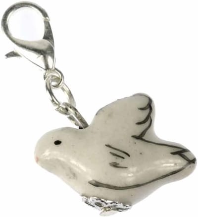 Taube Vogel Charm Zipper Pull porselein wit - handgemaakte modesieraden I kettinghanger verzilverd - bedelhanger bedelarmband - hanger voor armband, 15mm, Metaal Porselein