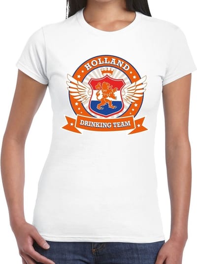 Wit Holland drinking team t-shirt / t-shirt wit dames - Koningsdag / supporters kleding XS