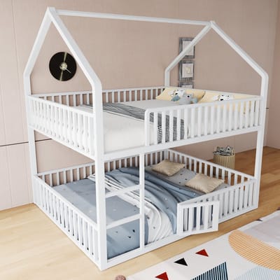 REDOM Bedframe 140x200 cm – Metaal – Wit – Huisvormig hoogslaper met trap & opklapbare deur