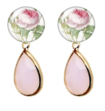 Clip oorbellen -Florence -druppel -roze pioen- geen gaatje- Charme Bijoux