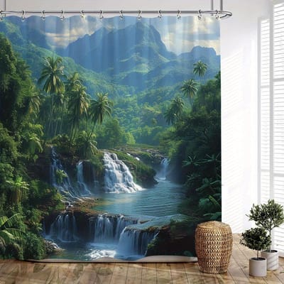 1 st Extra Groot Tropisch Waterval Douchegordijn - Jungle Badkamer Decoratie met Palmbomen, Waterval & Mistige Bergen - Machine 120x180cm