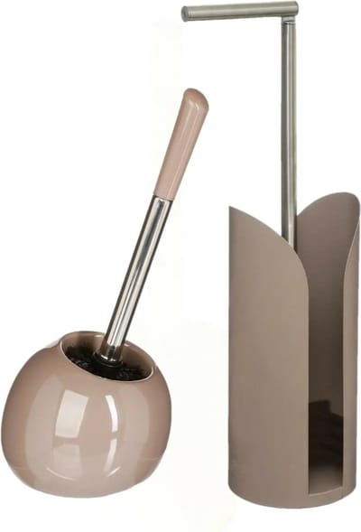 5Five WC toiletborstel - met toiletrolhouder - badkamer set - taupe - dolomiet en metaal