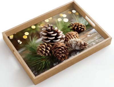 Dienblad hout 50x35 cm - Schootdienblad - Dennenappels - Kerstsfeer - Bruin - Groen - Borrelplank rechthoek - Plateau dienbladen