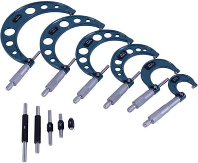 6-delige set analoge buitenschroefmaten 0-25 / 25-50 / 50-75 / 75-100 / 100-125 / 125-150 mm resolutie 0,01 mm MW Tools MMS6150