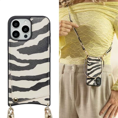 Selencia Hoesje - Geschikt voor Apple iPhone 16 Pro Max - Backcover met koord en pashouder - Zazzy Zebra