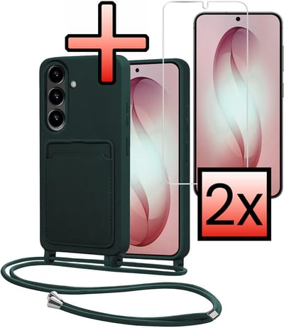 Hoes Geschikt voor Samsung S26 Met Telefoonkoord Met 2x Screenprotector - Siliconen Hoesje Backcover Met Ketting - Donkergroen