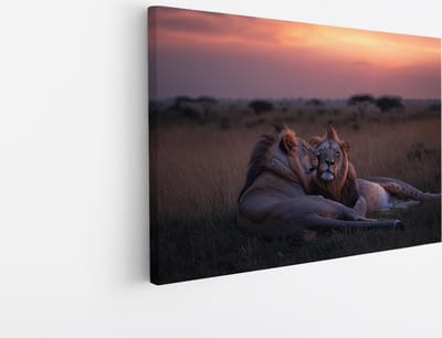 Saammp Canvas Schilderij - Leeuwen liggen tegen elkaar aan - Dieren - Liefde - 45x30 - Foto op canvas - Wanddecoratie - Muurdecoratie Woonkamer - Slaapkamer decoratie - Canvas Print