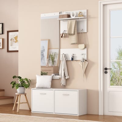 OKWISH Garderobeset – 4-delig – Schoenenkast 90x30x41,5 cm Met Zitfunctie – 2 Wandkapstokken Met 6 Haken – Spiegel 38x116,5 cm – Spaanplaat Wit