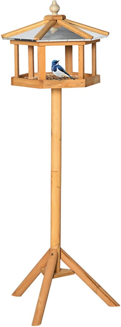 Vogelhuis op standaard - Vogelvoederhuis voor buiten - Weerbestendig vogelhok - Houten vogelstation - zinken dak, stabiel statief, 2-in-1 functie - Hout - 40×40×113 cm - Geschikt voor tuin en terras - Primaire kleur