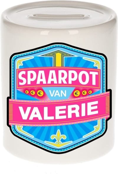 Bellatio Decorations Kinder spaarpot met naam - Valerie - keramiek - met dop - wit - Sparen - Spaargeld van Valerie