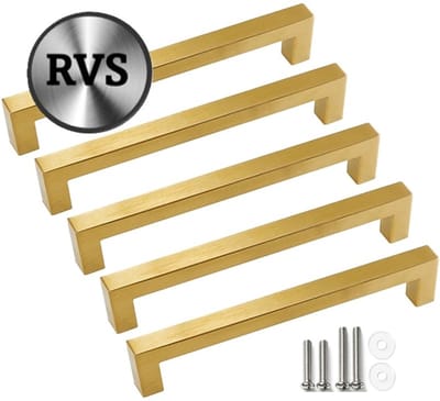 5 X MSQDESIGN Handgrepen RVS Goud - Boormaat 128mm - Gouden Handgreep voor Keuken & Kast - Moderne Meubelgreep - Keukengreep Mat Goud -Kastgrepen- Goude Greepjes Keuken - Goude RVS Handvatten - Deurgreepjes -incl schroeven