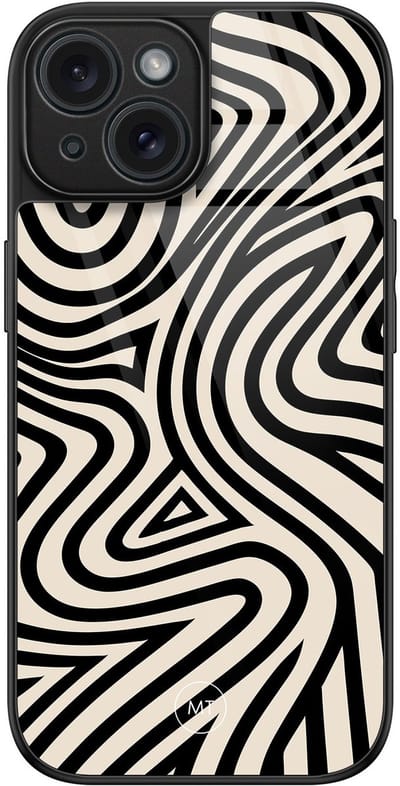 Hoesje geschikt voor iPhone 15 - Groovy lines - Luxe Hard Case - Print - Zwart - Mooie Telefoonhoesjes