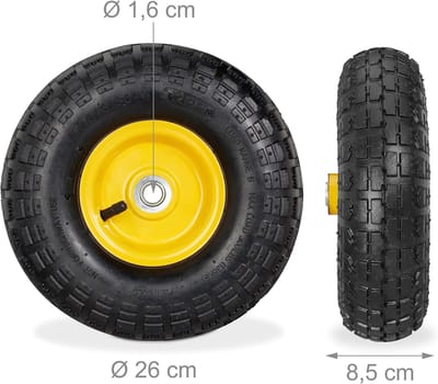 Famanu - Set van 2 steekwagenwielen 4.10/3.50-4, luchtbanden, 16 mm as, 136 kg draaglast, 260 x 85 mm, stalen velg – Zwart-Geel